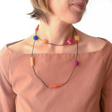 Long necklace with bright coloured geometric beads on a vegan rubber cord - Varily Jewelry - Colourful Contemporary Jewelry