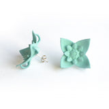Aqua Dahlia Flower Stud Earrings Side