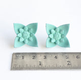 Aqua Dahlia Flower Stud Earrings with Ruler - by Varily Jewelry
