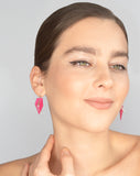 Fuchsia Perforated Geometric Drop Earrings with Silver Hooks 