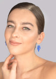 Blue Perforated Geometric Drop Earrings with Silver Hooks 