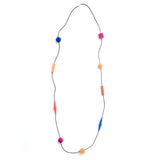 Long necklace with yellow, orange, pink and blue  geometric beads on a vegan rubber cord - Varily Jewelry - Colourful Contemporary Jewelry